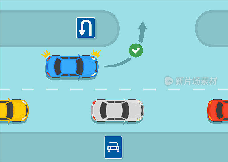 交通规则和注意事项。安全车行车。蓝色轿车即将在高速公路上左转。u型转弯路标。