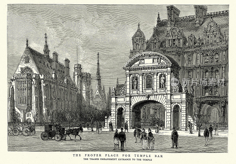 圣殿酒吧的合适位置，泰晤士河堤神殿入口，维多利亚时代的伦敦建筑，1880年代，19世纪