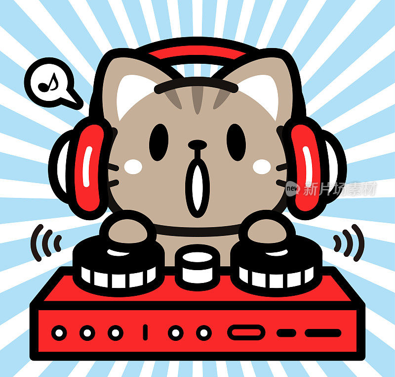 可爱的角色设计,一只小猫戴着耳机,在唱盘上演奏
