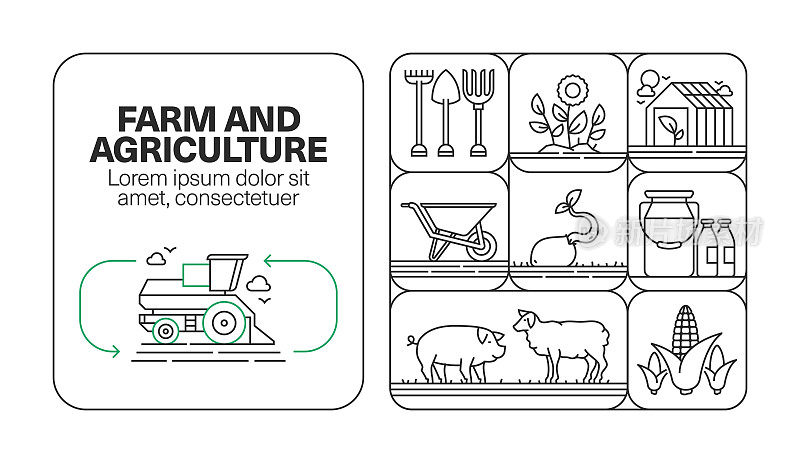 农场和农业横幅线图标集设计