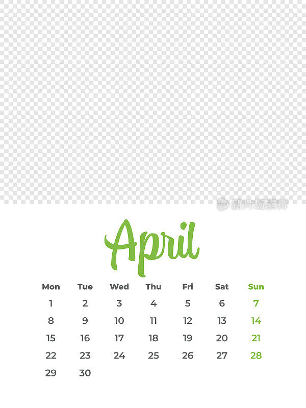 2024年4月-日历与照片或插图的地方。日历矢量模板为2024年。这一周从星期一开始
