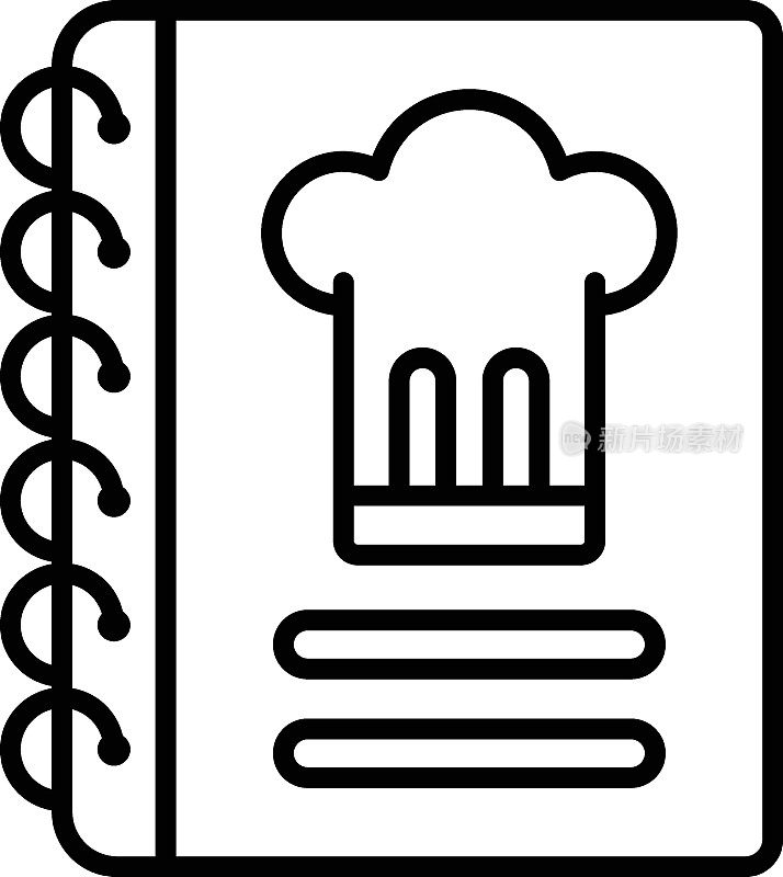 烹饪书矢量线图标设计，面包店和面包匠符号，烹饪大师标志，食物鉴赏家股票插图，厨师食谱书概念
