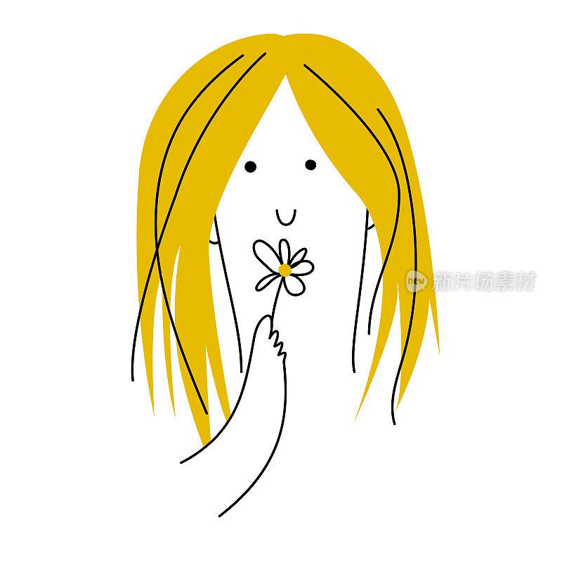 长头发，手里拿着花的快乐女孩。和谐与自我关怀的理念。有趣的角色。细线平面矢量插图