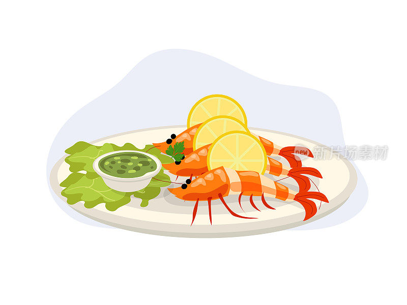 熟虾或鲜虾配柠檬片和生菜。搭配泰国辣海鲜酱吃。海鲜。平面矢量卡通插图