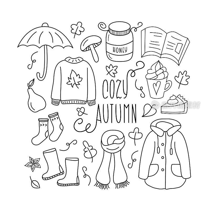 舒适的秋天矢量涂鸦收集。采购产品可爱的卡通手绘秋天的衣服，橡胶靴子，雨伞，食物与手刻字。设计元素可编辑笔画。