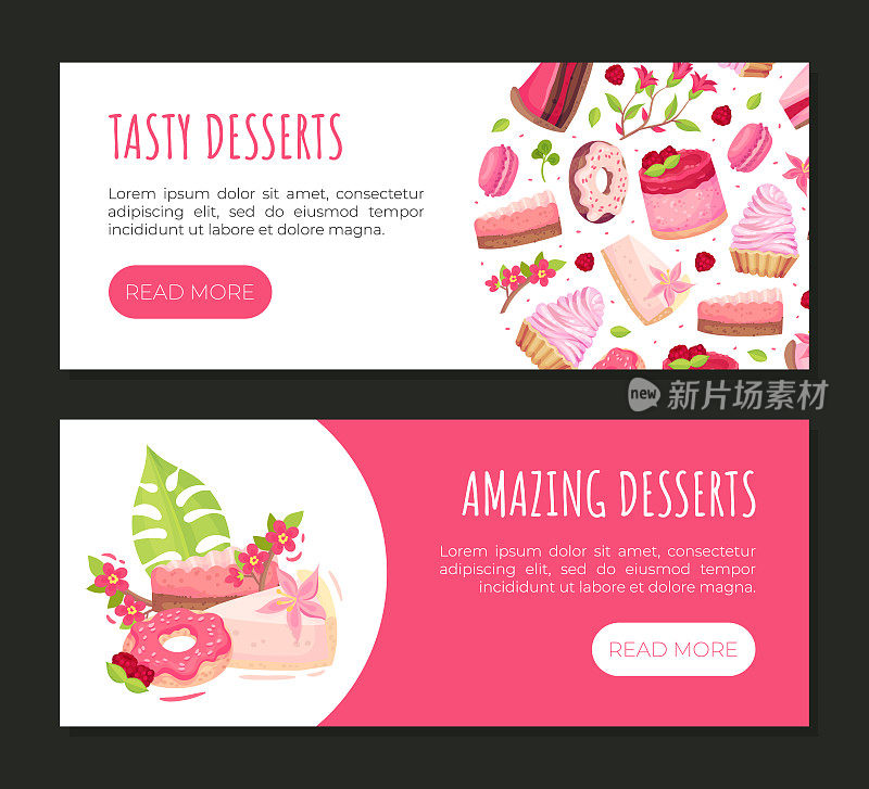 甜覆盆子甜点横幅设计与奶油蛋糕和甜甜圈矢量模板