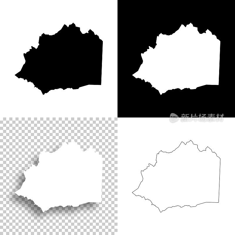威尔克斯县，北卡罗来纳州。设计地图。空白，白色和黑色背景