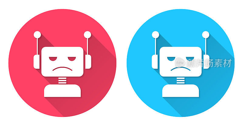 悲伤的机器人――机器人的头。圆形图标与长阴影在红色或蓝色的背景