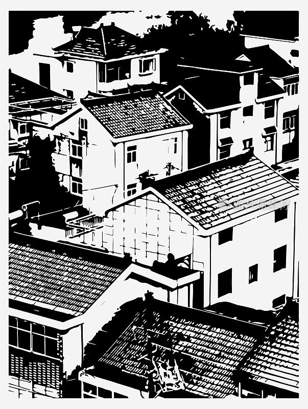 抽象黑白轮廓木刻现代中国建筑背景