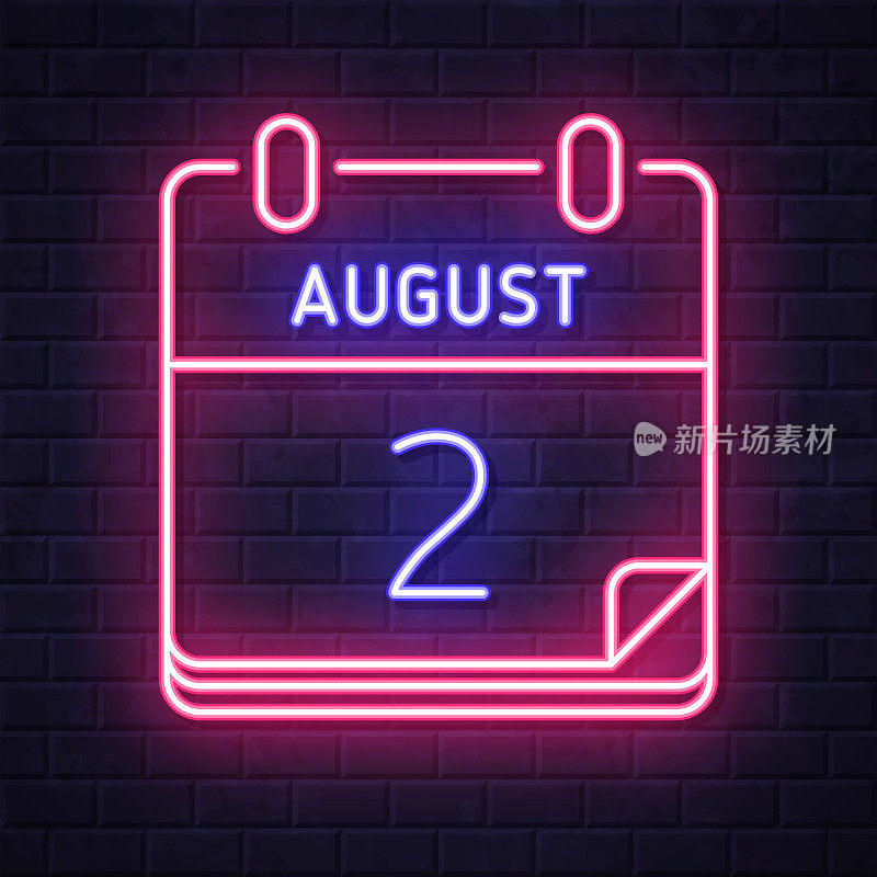 8月2日。在砖墙背景上发光的霓虹灯图标