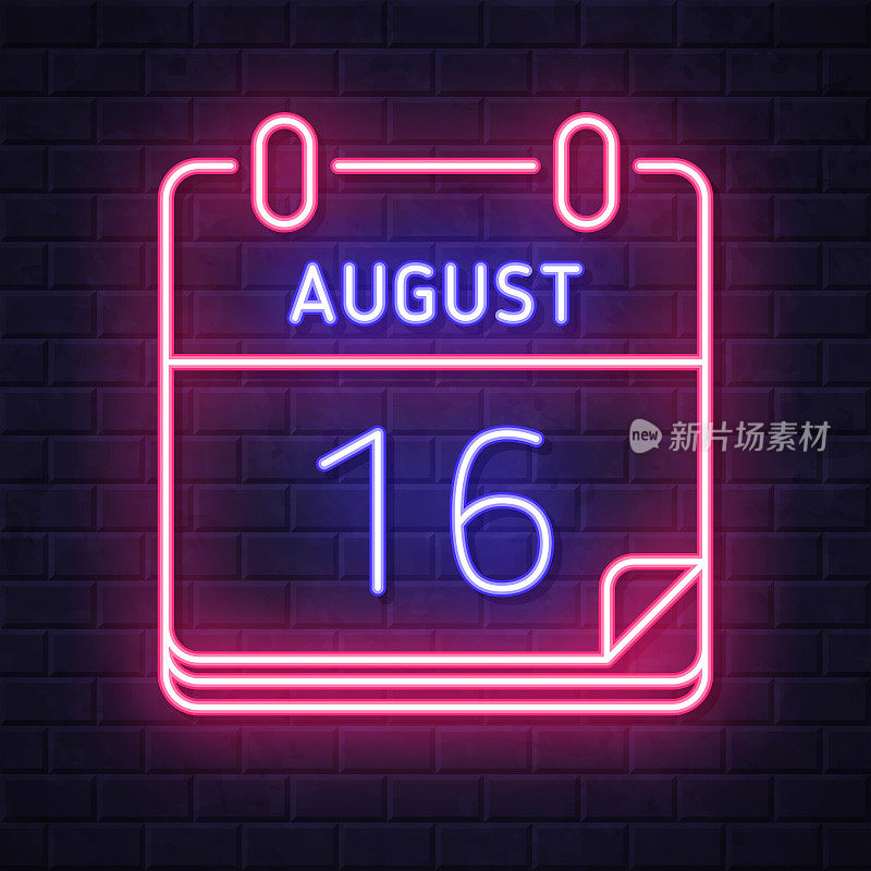 8月16日。在砖墙背景上发光的霓虹灯图标