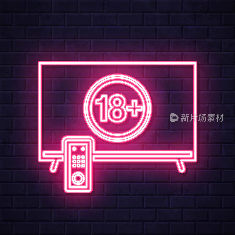 电视上有18个加号(18+)。在砖墙背景上发光的霓虹灯图标