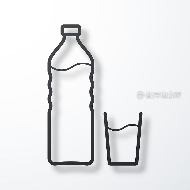 一瓶和一杯水。线图标与阴影在白色背景