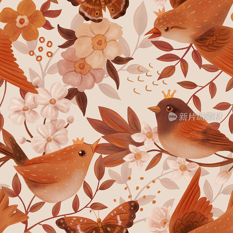 复古水彩图案与花和鸟