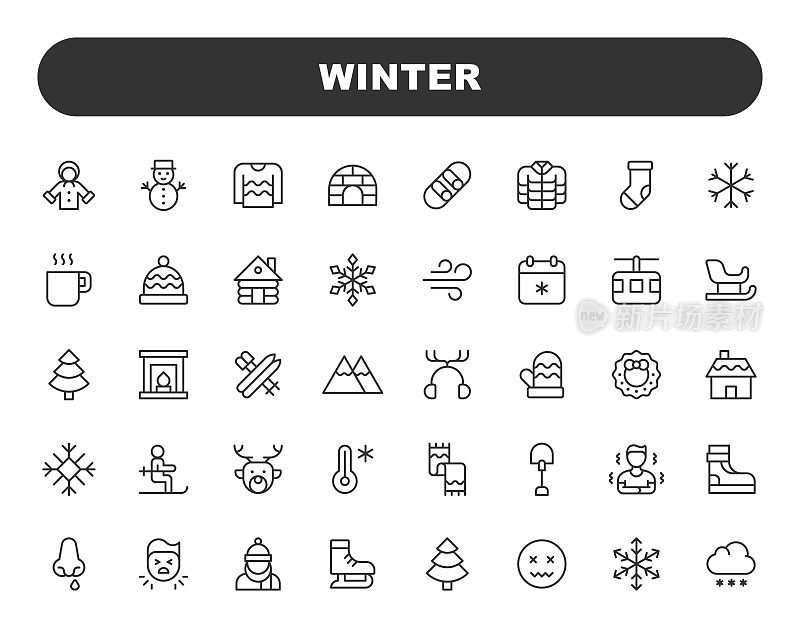 冬季线条图标。可编辑的笔触，包含这样的图标，服装，寒冷的温度，围巾，季节，雪，雪花，运动，毛衣，冬季帽子，夹克。