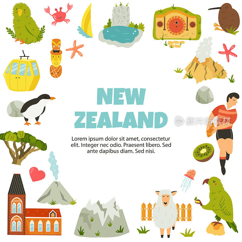 带有符号和地标的新西兰矢量海报。适用于旅游前景、海报、导游、营销印刷品