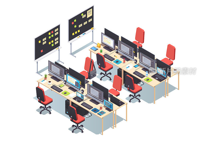 IT软件设计开发公司开放空间办公室。游戏开发工作室拥有许多工作场所，办公桌，pc，带显示器和计划白板的笔记本电脑。平面等距矢量图