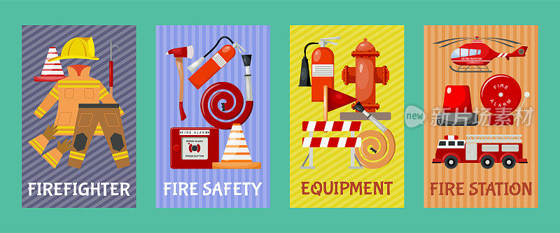 消防安全卡片，横幅矢量插图。消防制服和库存。消防消火栓、报警、系柱、灭火器等设备。