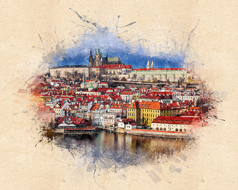 墨水造型-从桥塔上看到布拉格古城的美丽景色