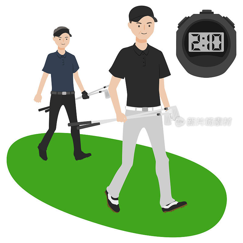 插图的男性。一个拿着高尔夫球杆走路的人。
