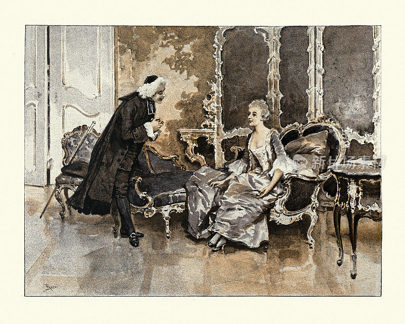 18世纪法国牧师和一位女士在客厅里聊天