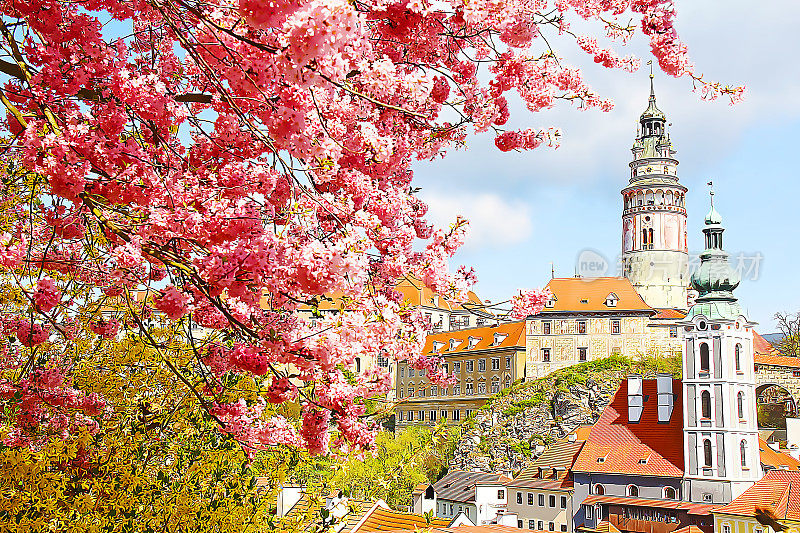 矢量水彩画美丽的风景克鲁姆洛夫在捷克共和国。
