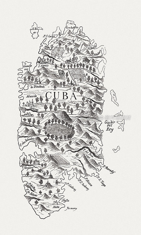古巴的旧地图。仿品(木刻)，出版于1888年