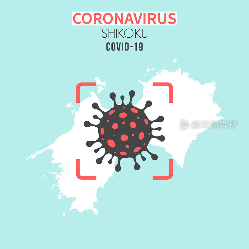 四国地图，红色取景器中有冠状病毒细胞(COVID-19)