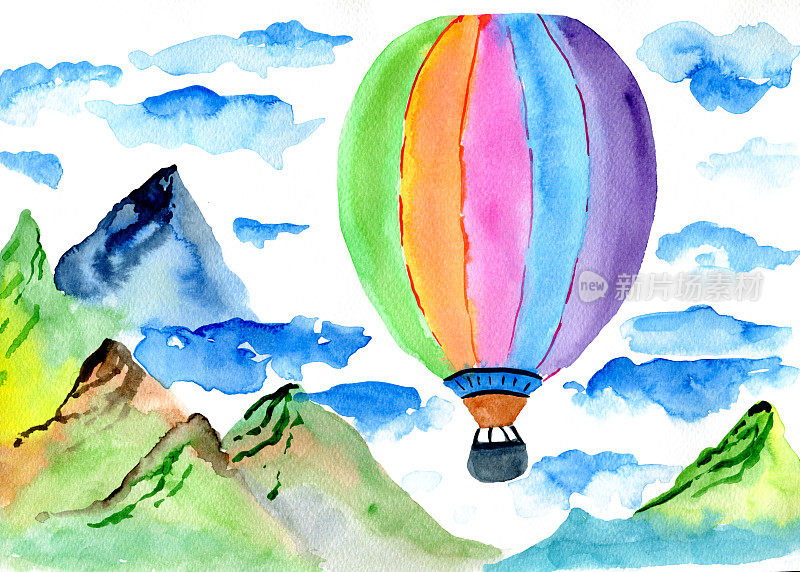 有气球和蓝天的水彩画山景。