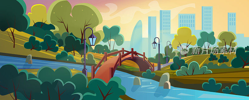 城市花园平面卡通背景全景矢量插图景观。绿色的地带，碧水的河流，可爱的老式木座头桥，柱子上的灯笼，地平线上的摩天大楼。