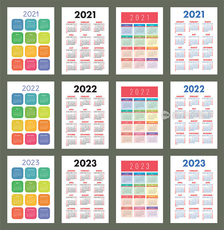 日历为2021年、2022年和2023年。英文颜色向量集。垂直墙或口袋砑光机模板。华丽的大设计系列。新年。一周从周日开始
