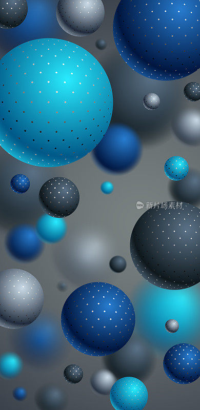 抽象球体矢量背景手机，组成飞行球装饰圆点智能手机壁纸，3D混合逼真的球体，逼真的景深效果。