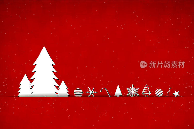 深红色的雪效果矢量圣诞背景与白色的针叶树和小礼物和装饰品排列