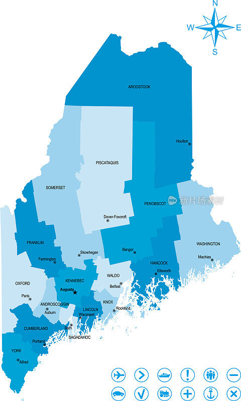 缅因州地图与图标和键
