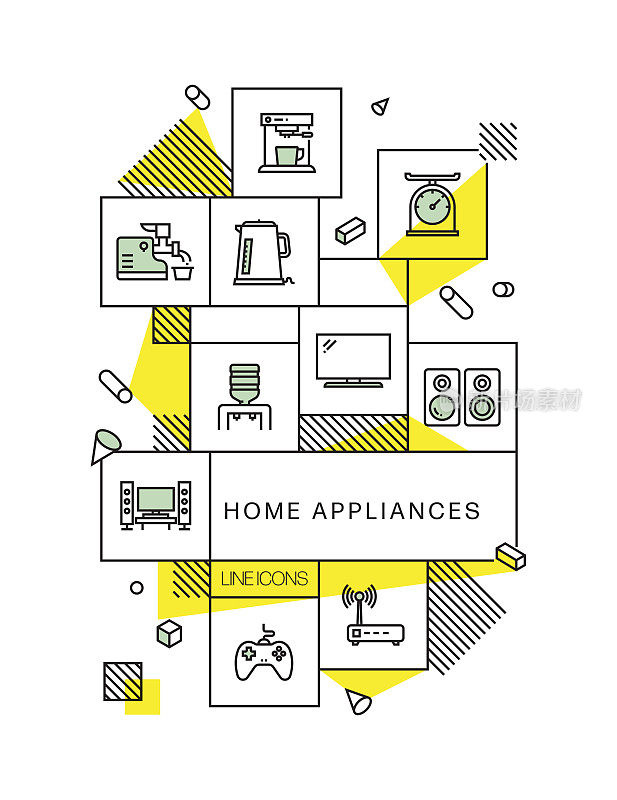 家用电器相关的现代线条风格矢量插图