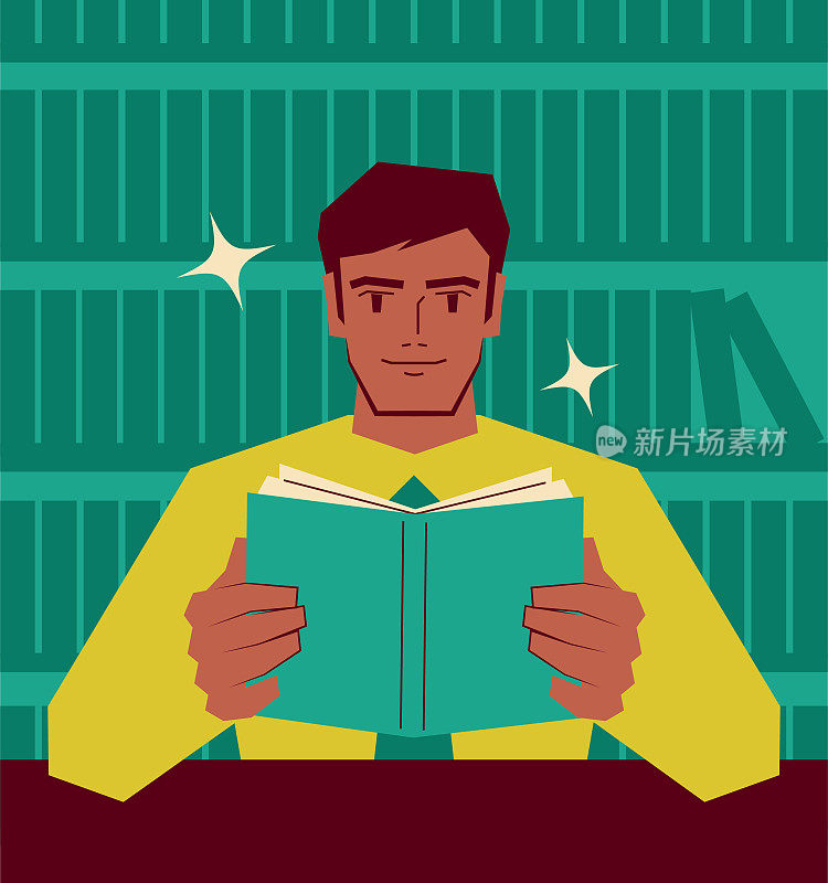 年轻英俊的印度裔商人正在图书馆看书;永远不要停止学习;投资自己;知识就是力量