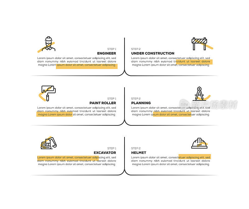 信息图表设计模板。工程师，在建，油漆辊，规划，挖掘机，头盔图标6个选项或步骤。