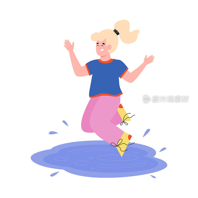 卡通女孩在水坑里跳，快乐的孩子在水花里玩