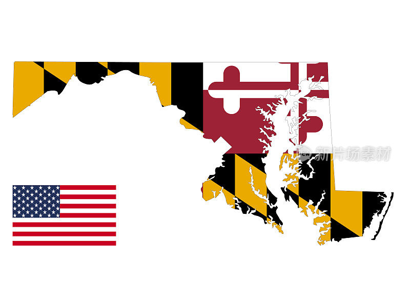 马里兰地图和国旗与美国国旗