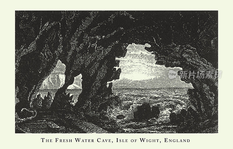 雕刻古董，淡水洞穴，怀特岛，英格兰，森林，湖泊，洞穴和不寻常的岩层雕刻古董插图，出版1851年