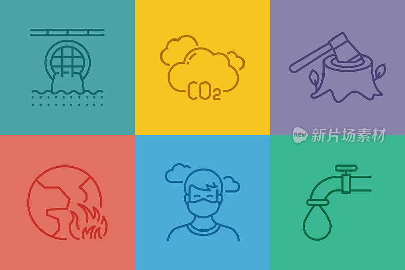 全球变暖相关的线图标，轮廓矢量符号说明。