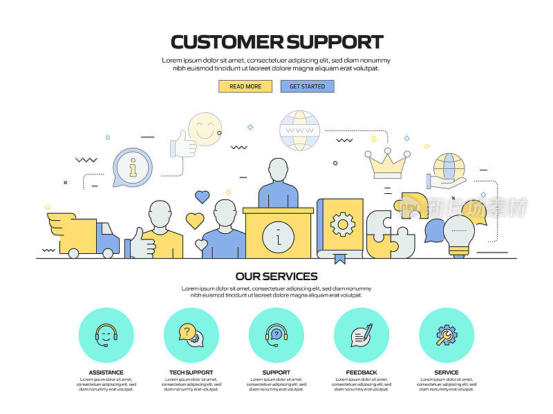 客户支持相关的现代线条风格矢量插图