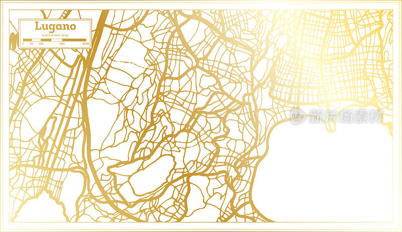 卢加诺瑞士城市地图在复古风格在金色。略图。