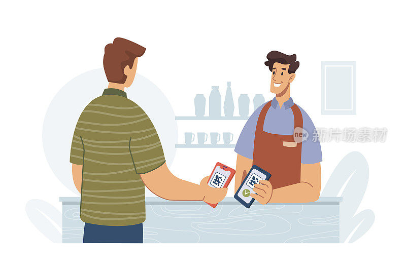 男士通过智能手机支付二维码平面卡通矢量图。现代无线技术，通过nfc进行移动支付。超市柜台收银员和购物者