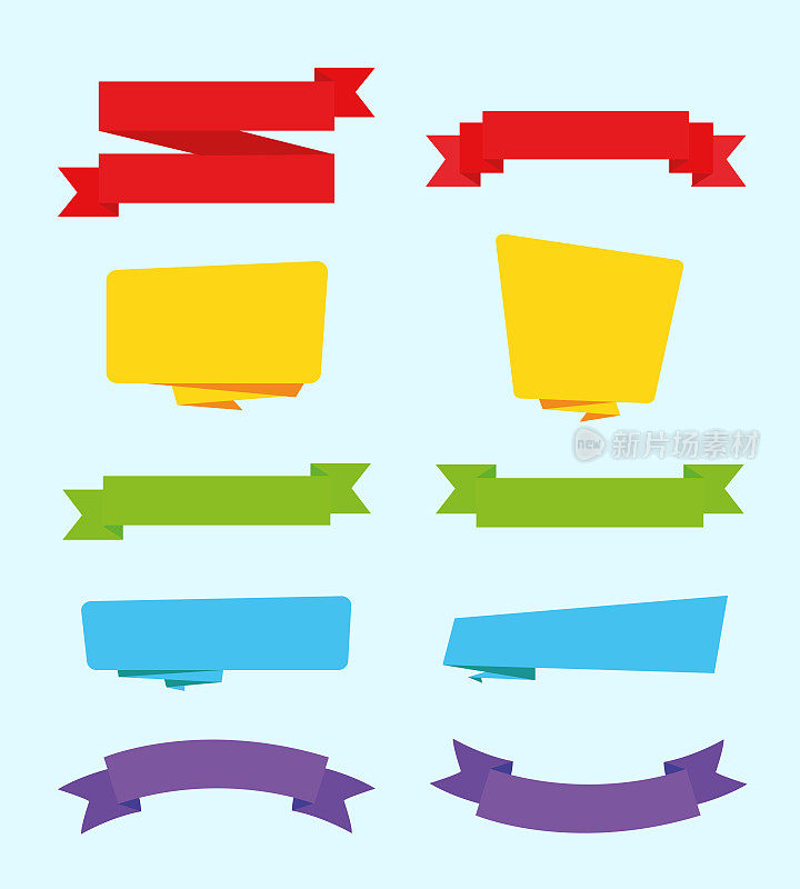 包裹彩色(红、黄、绿、蓝、紫)彩带、条幅，平面设计。集现代网络贴纸，标签，旗帜和标签和徽章孤立在坚实的背景。简单的空，空白平面设计元素向量插图集。
