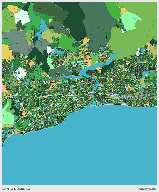 彩色艺术插图风格地图，圣多明各市，多米尼加