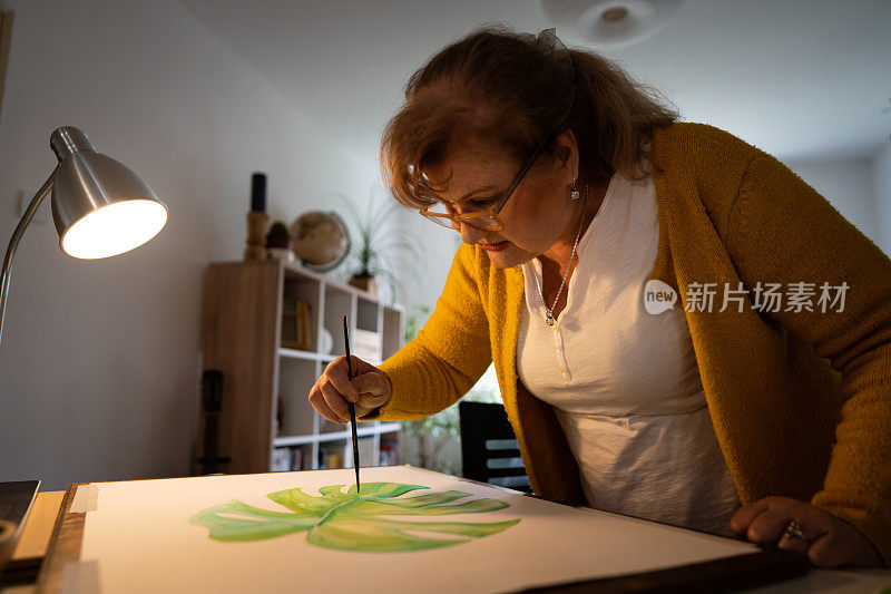 年长的白人妇女在家画画
