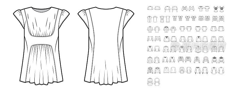 集合元素的一套衬衫技术时尚插图与短上衣长度，合身放松的身体。平
