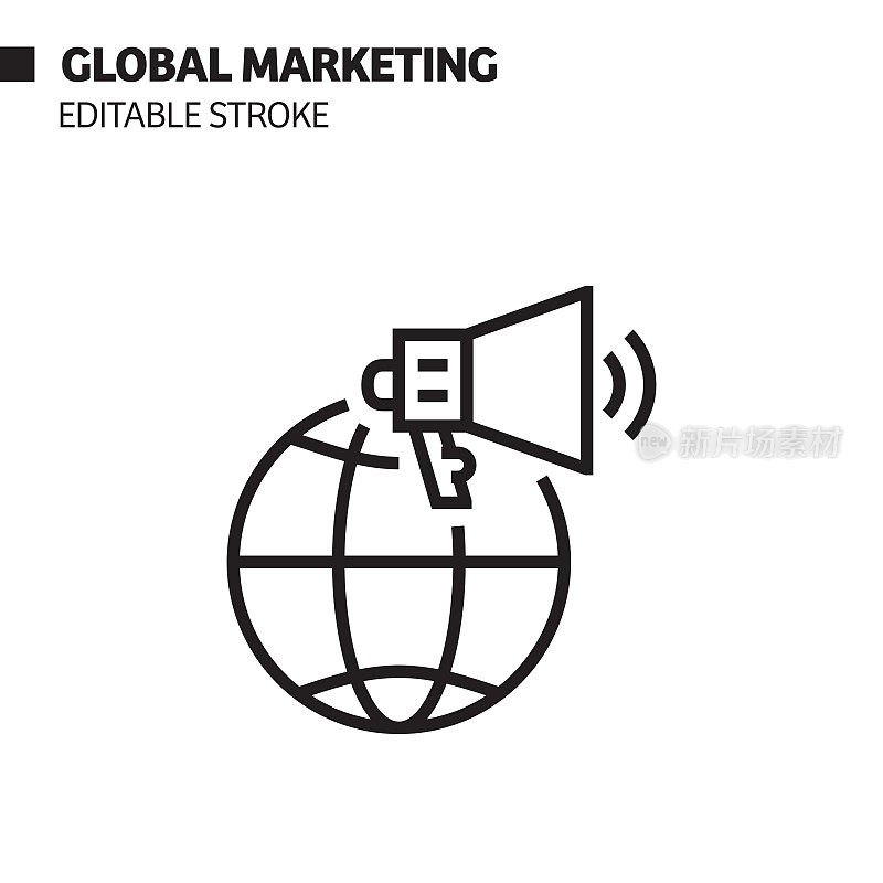 全球营销线图标，轮廓矢量符号插图。