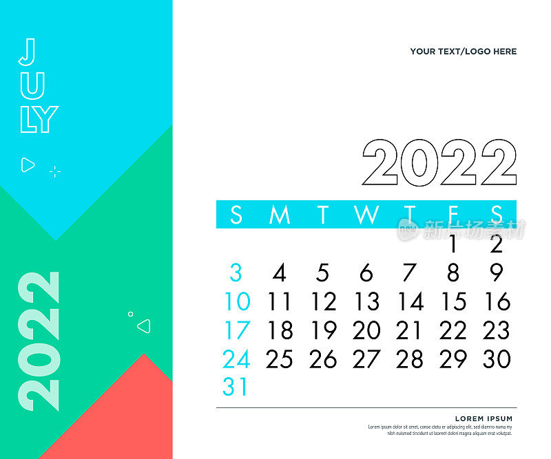2022年7月。日历2022设计模板周将于周日开始。股票插图